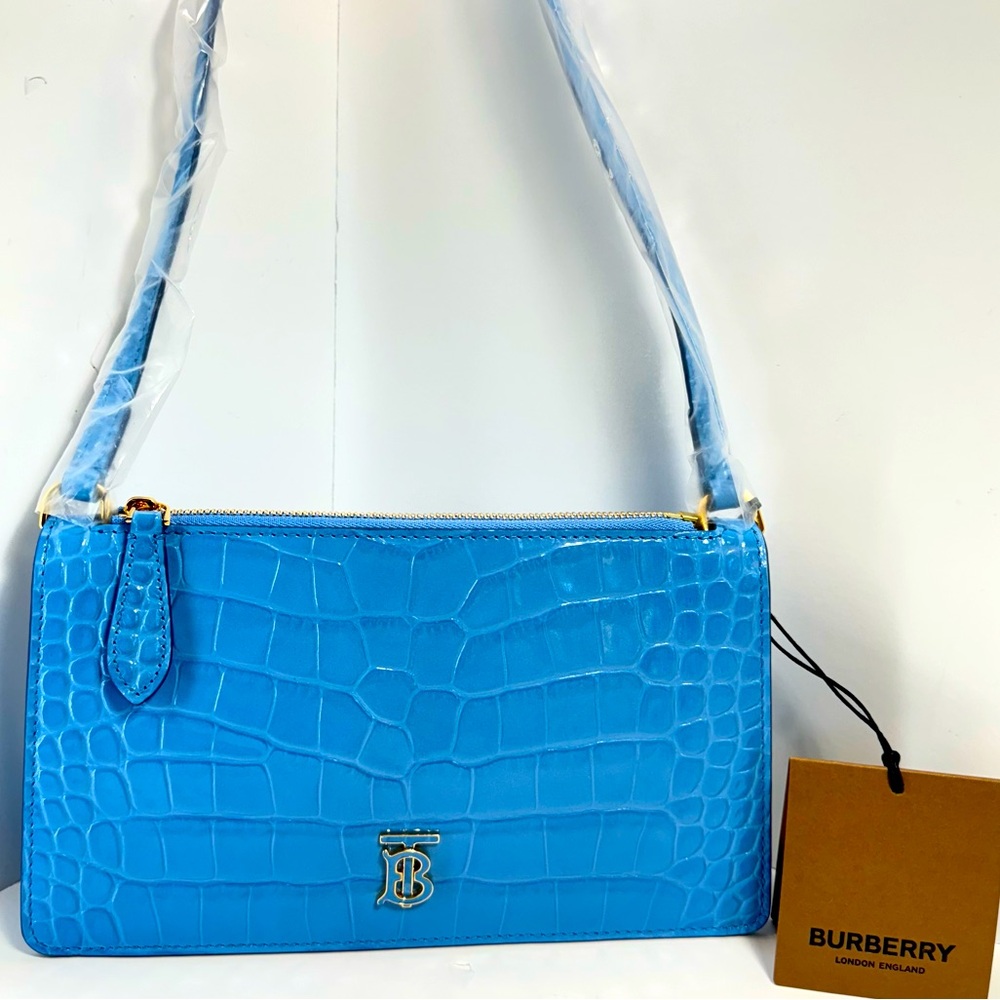 NEW Burberry TB Logo, Croc Embossed Leather Shoulder Pouch - Cornflower Blue